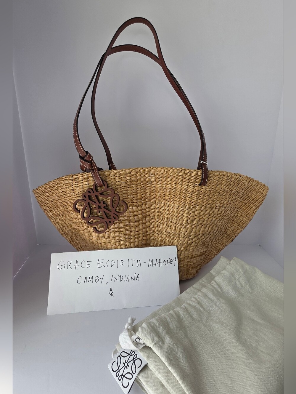 Loewe Raffia Small Shell Tote Bag with Brown Leather Trim and Anagram Charm